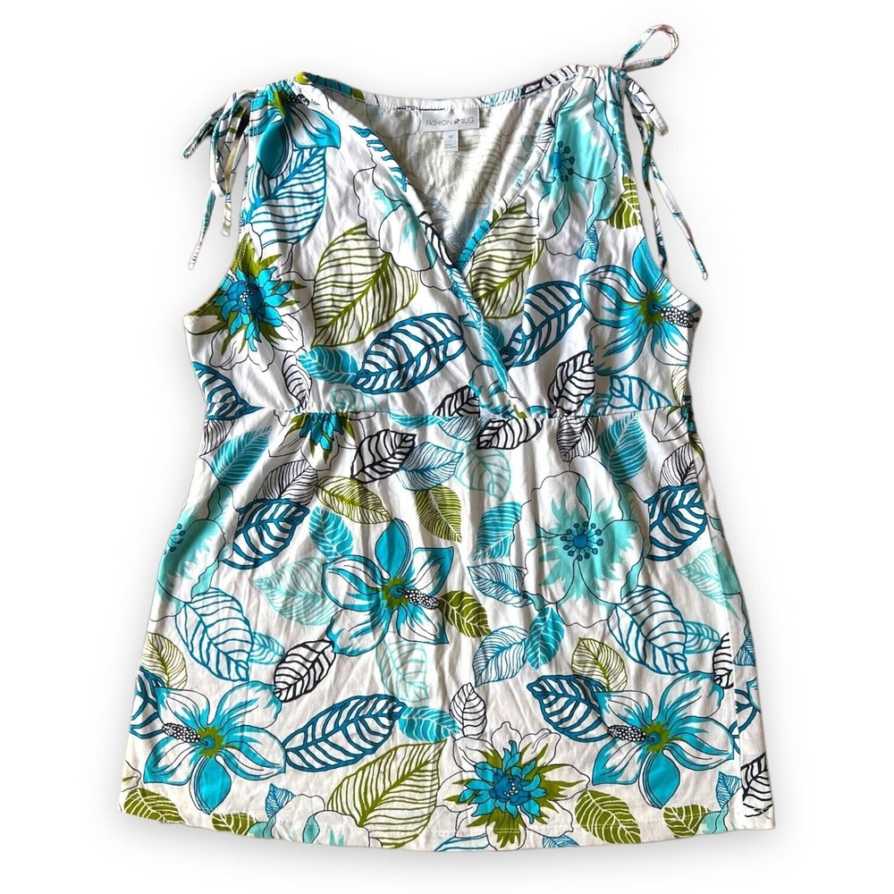 Womens M Blue Green Floral Print Wrap Look Tank Top, Stretch, Ruched Straps